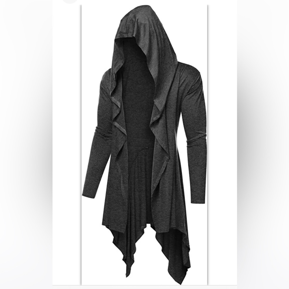 COOFANDY Long Hooded Gray Cardigan Ruffle Shawl Collar Light Drape Cape Overcoat